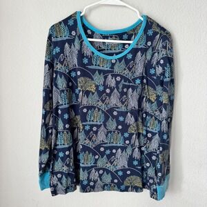 Sleep Sense Womens XL Pajama Top Navy Blue Winter Village Forest Long Sleeve PJ